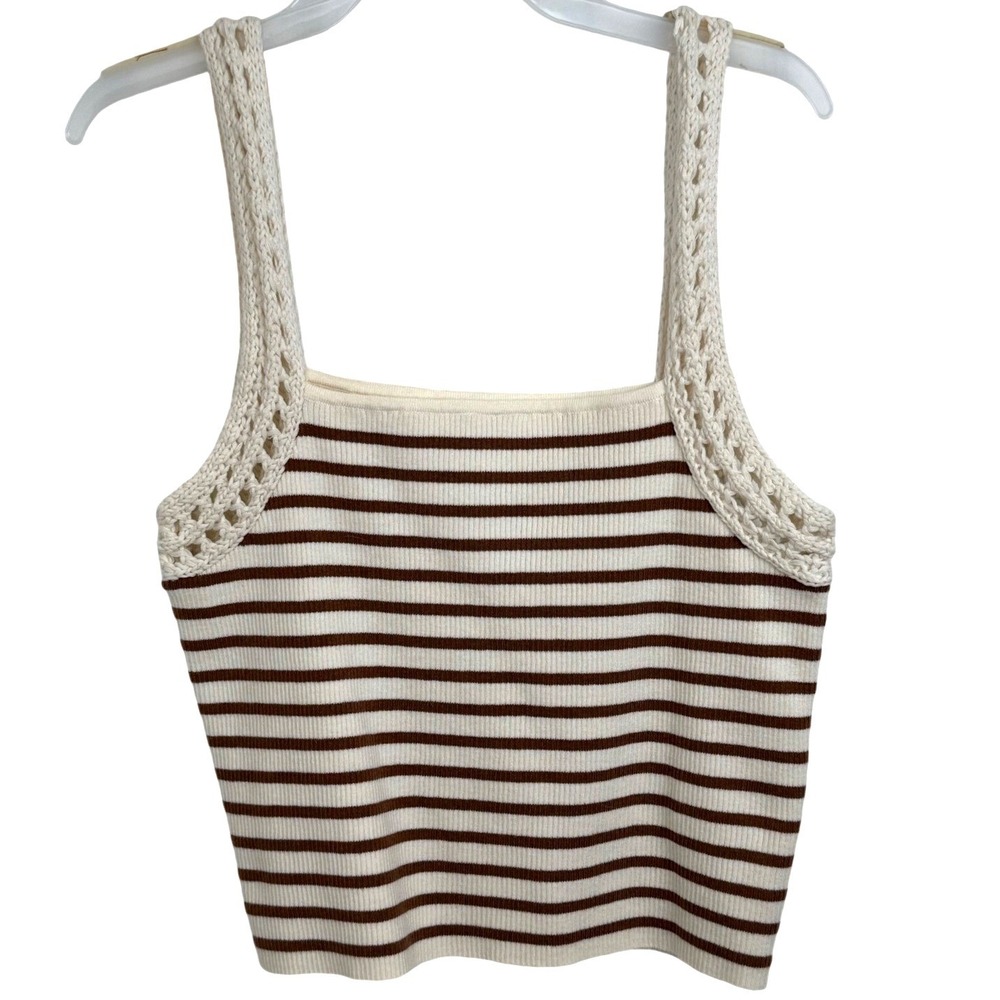 NWT Aerie Women's Crochet Strap Ribbed Knit Tank Top Cream Brown Stripe Size‎ L